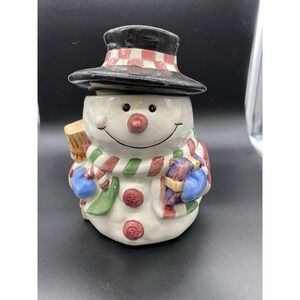 Vintage Snowman Ceramic Cookie Jar Holiday Christmas Decor Black Top Hat Scarf